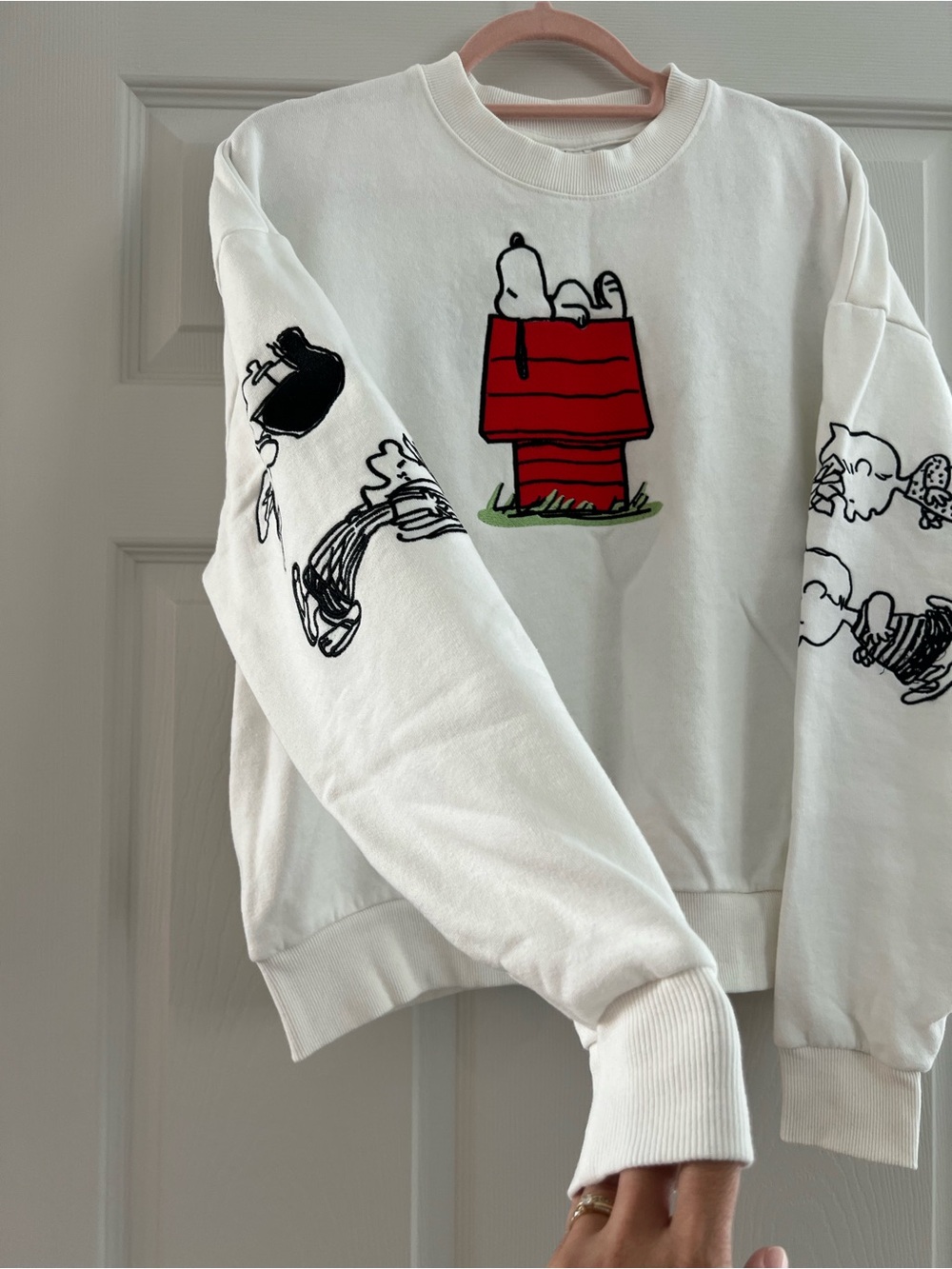 Peanuts White Crewneck Sweatshirt with Red Doghouse & Snoopy Graphics - Picture 2 of 4